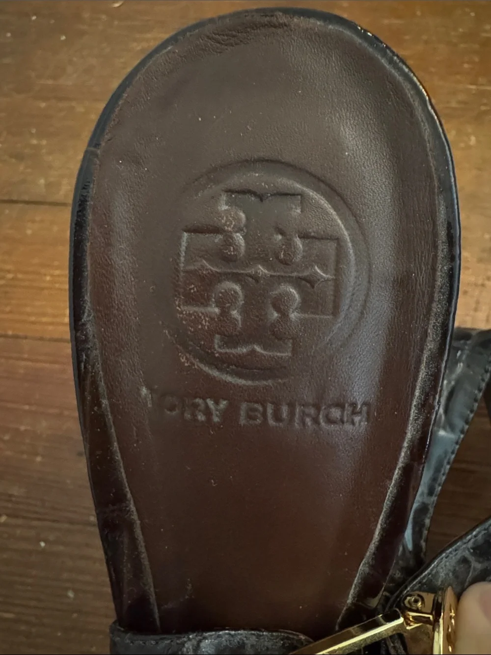 Tory Burch Dark Brown Croc-Embossed Peep-Toe Slingback Heels with Gold Buckle - Picture 2 of 11